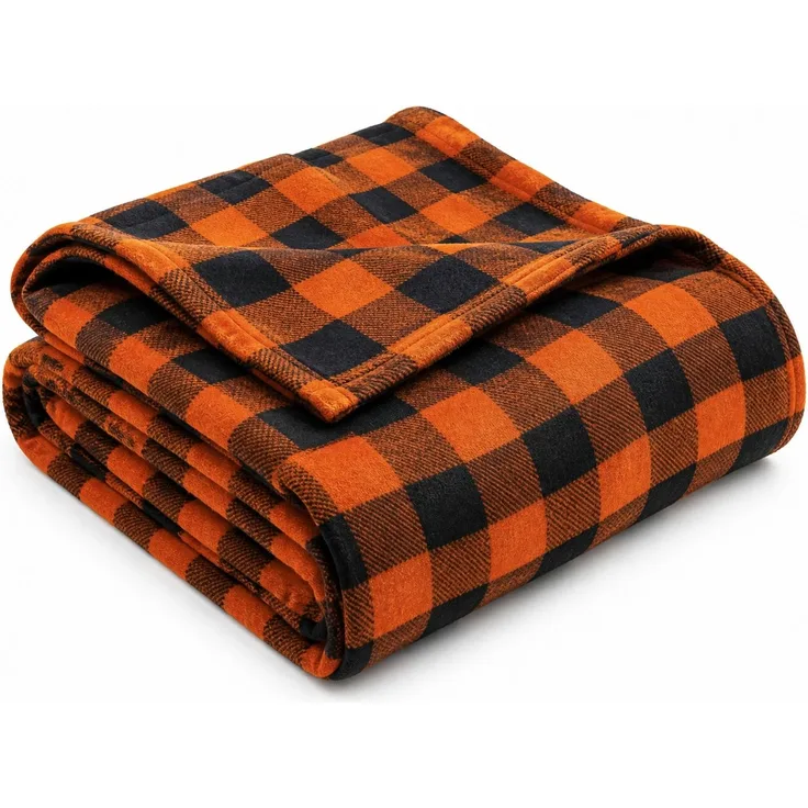 Flanell-Kuscheldecke kariert Orange-Braun-Schwarz 264 x 228 cm