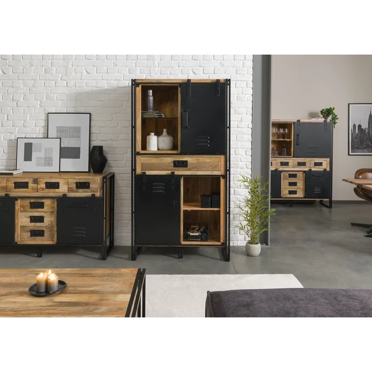 Wohnzimmerschrank Mango 105x45x195 natur klar lackiert / Metall schwarz BLACKBURN #105 – Bild 9