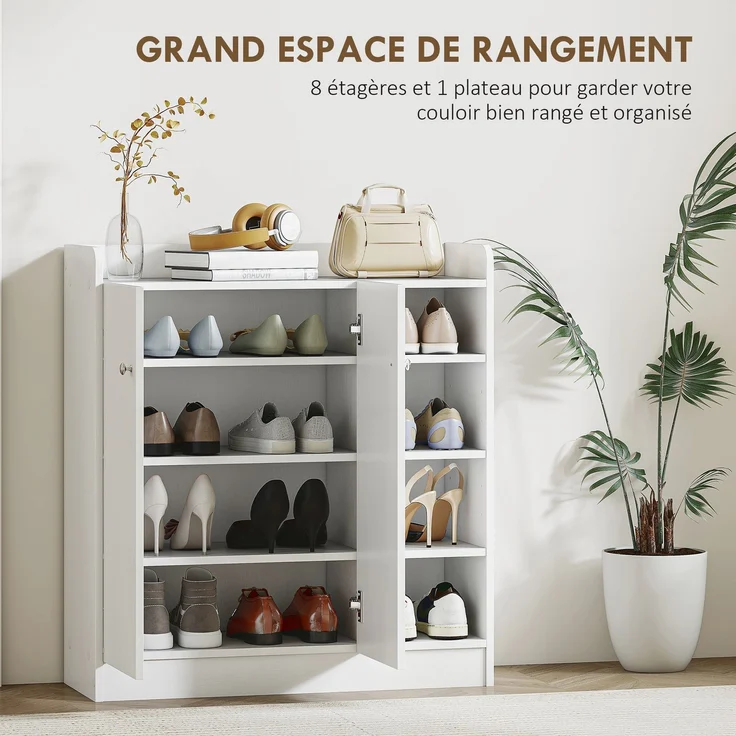 Schuhschrank für den Eingangsbereich für 12 Paar Schuhe – Schuhschrank mit 4 offenen Fächern und Doppeltürenschrank – verstellbares Regal – 83 L x 30 B x 90 H cm – weiß – Bild 6