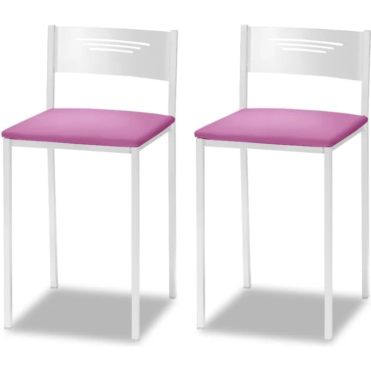 ASTIMESA - Gepolsterter Küchenhocker mit Rückenlehne - Massives Gestell - weißes Gestell und Sitzfläche aus Kunstleder - Farbe des Sitzes: Rosa. Lieferumfang: 2 Stück, Maße: 35 x 35 x 64 cm
