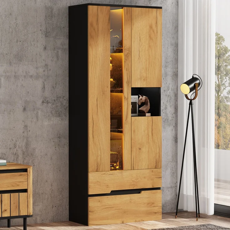 Vitrinen-Schrank, 70×35×180cm Mehrzweck Aufbewahrungsschrank mit LED-Lichtleiste, 3 Türen & 2 Schubladen, Holz-Schwarz Kombinationsdesign, bis 45kg Traglast, moderner Stauraumschrank für Wohnzimmer--Natürlich--70x35x180cm--YOUDENOVA – Bild 2