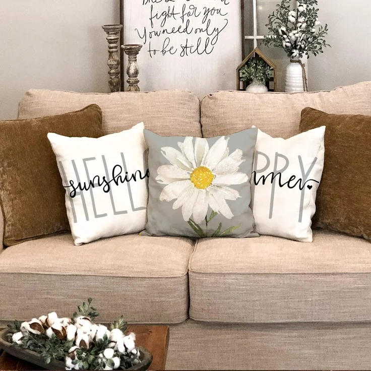 Sommer Kissenbezüge 45×45 cm 4er-Set Weiß-Grau Gänseblümchen, “Hello Sunshine”, Outdoor Sofa – Bild 3