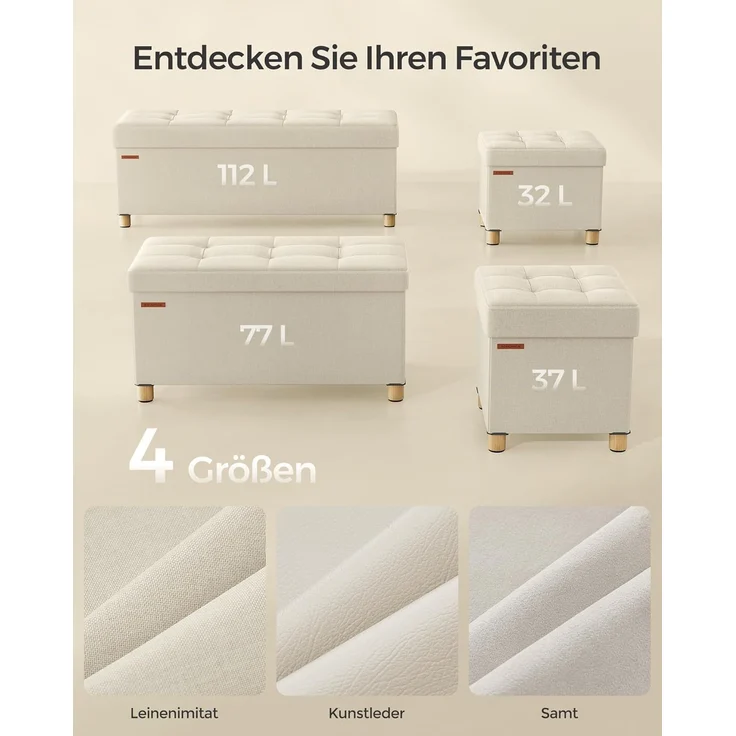 SONGMICS Sitzhocker mit Stauraum, kleine klappbare Sitzbank, 32x40 cm Fußbank, Aufbewahrungsbox, bis 300 kg belastbar, für Wohnzimmer Schlafzimmer Schlafsaal, cremeweiß LSF012W11 – Bild 6