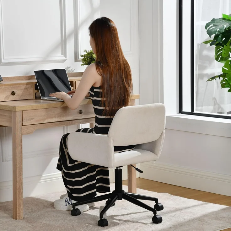 39F FURNITURE DREAM Skandinavischer Bürostuhl aus Stoff, beige, drehbar, höhenverstellbar und 5 Rollen für Kinder, die zu Hause Arbeiten, 56,5 x 57,5 x 75-85 cm – Bild 5
