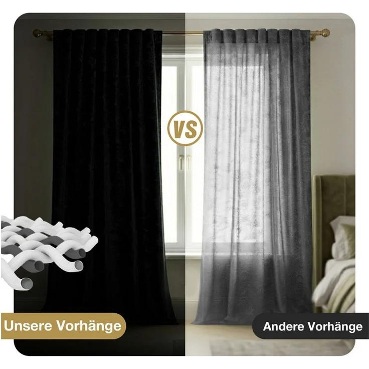 SERBASIC Verdunkelungsvorhang Samt-Verdunkelungsvorhang im 2er-Set, 132 cm breit, mit Goldprint (2 St), Multifunktionsband, blickdicht, Samt, Multifunktionsband mit Bindebändern, schonend waschbar und praktisch – Bild 4