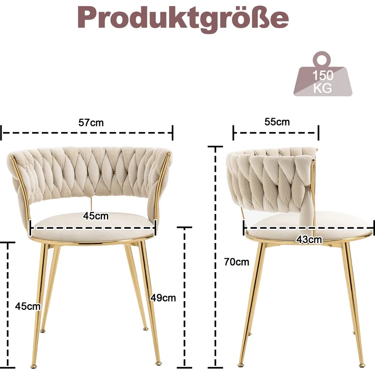 LVHOM Esszimmerstuhl Luxuriöse Samt-Stühle 2er mit Rückenlehne & Metallbeine, Goldene Stuhlbeine & Rahmen, Geflochtener Stil, mehrere Farboptionen, Polsterstuhl, 2 St – Bild 6