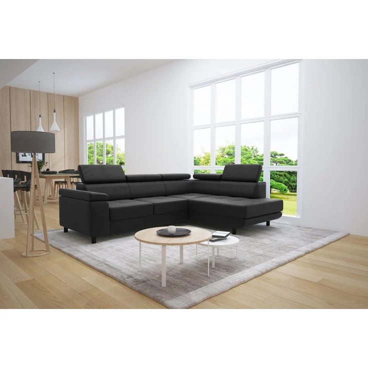 thematys Ecksofa LUNA L 250 x 183 cm, mit Schlaffunktion, mit Bettkasten, mit verstellbaren Kopfstützen, Schwarz Monolith 97), Ausrichtung Rechts – Bild 1