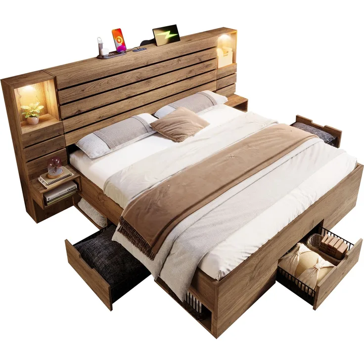Holzbett 180x200 cm, Doppelbett und Erwachsenenbett, mit LED-Downlights, USB & Type-C Ladestation und schwebenden Nachttischen, Eichenoptik