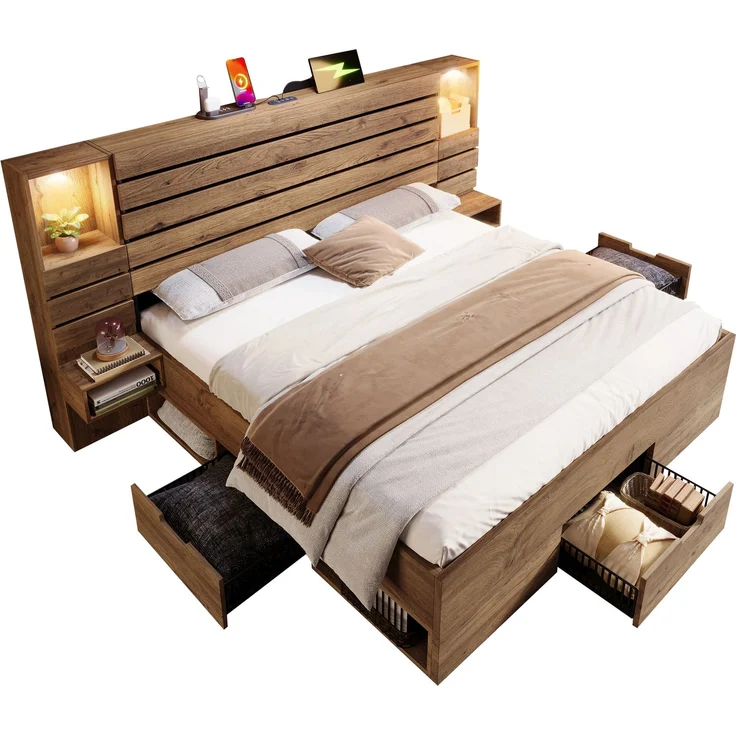 Holzbett 180x200 cm, Doppelbett und Erwachsenenbett, mit LED-Downlights, USB & Type-C Ladestation und schwebenden Nachttischen, Eichenoptik – Bild 1