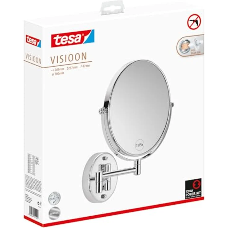 tesa Schminkspiegel schwenkbarer Kosmetikspiegel Visioon - selbstklebend und doppelseitig (Komplett-Set, 1-St, Inkl. Powerkit Montagezubehör - enthält Klebelösung und Adapter), 5-fache Vergrößerung - Wandmontage ohne Bohren - 30 x 48 cm - Silber – Bild 3