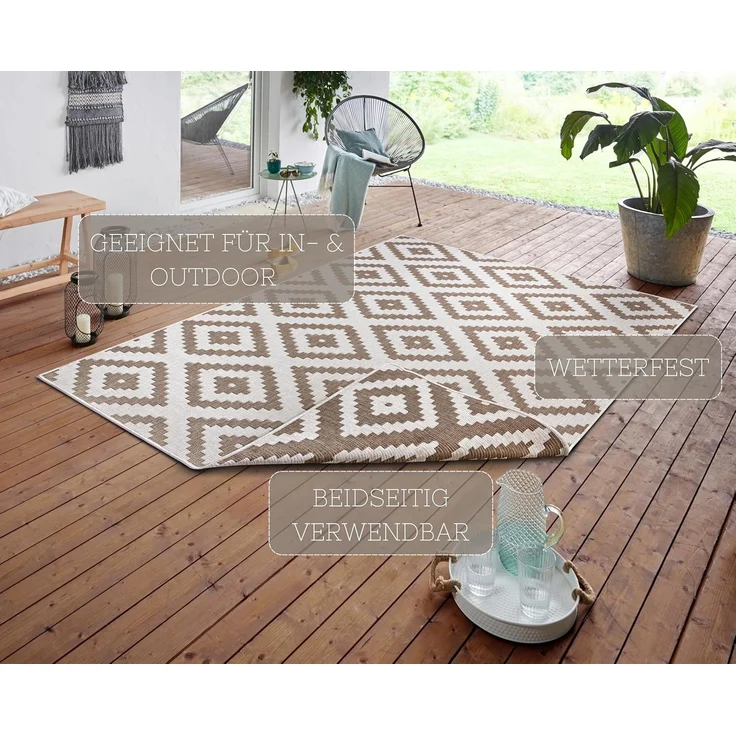 NORTHRUGS In- und Outdoor Teppich Malta 80x150 cm - Wendeteppich Wetterfest Modernes Geometrisches Muster Teppich für Balkon Terrasse Garten Wintergarten Wohnzimmerteppich Wasserfest in Linen – Bild 3
