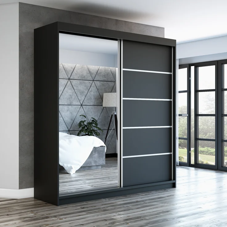 A&J MöbelLand 'GAP' Schwebetürenschrank mit Spiegel, 215 x 59,5 x 160 cm, Schwarz – Bild 2