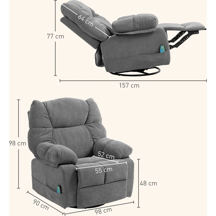 MELAYR, Relaxsessel mit Massagefunktion, Liegefunktion, Drehbarer Massagesessel, 98 x 90 x 98 cm, Dunkelgrau – Bild 5