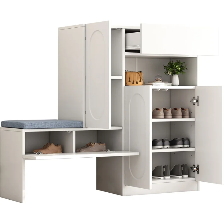 Weißer Schuhschrank mit Sitzbank und höhenverstellbaren Fächern 130 cm Moderner Schuhorganizer für Diele mit Soft Close Funktion Schuhregal Aufbewahrungsbank mit abnehmbarer Sitzauflage và Kippsicherung, 130cmx35cmx110cm, Weiß – Bild 8