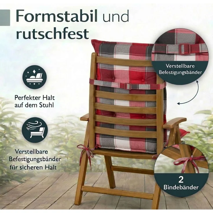 BURI 2x Hochlehner Auflage 120x50x5,5 cm - wetterfeste Gartenstuhlauflage mit Schaumkern & Vollvlies, Halteband & Bindebänder, bequemes Stuhlpolster für Balkon, Terrasse & Garten (Rot/Grau Kariert) – Bild 4