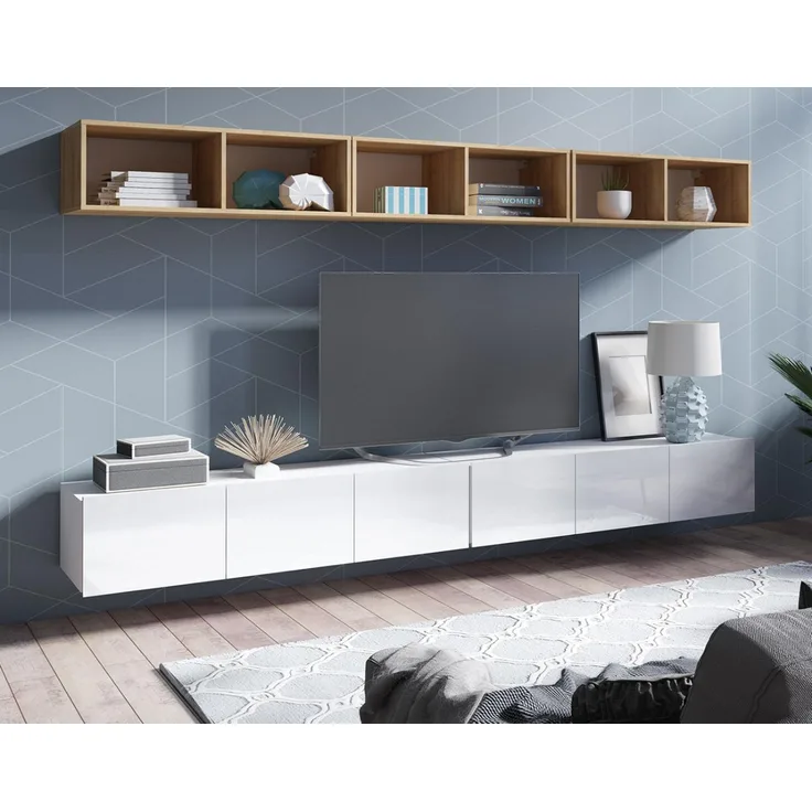 AX LIVING Wohnwand Moder Kossana 33 – 300 cm Breite Goldene Eiche/Weiß
