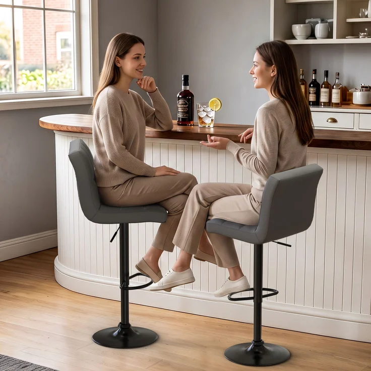 Botifly 2er Set Barhocker Grau Kunstleder, Höhenverstellbar 60-80cm, 360° Drehbare Barstühle mit Fußstütze, SGS-zertifizierte Gasdruckfeder, für Küche, Bar & Theke – Bild 6