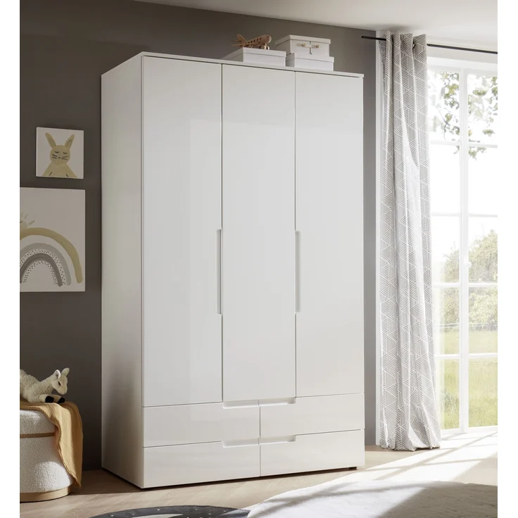 Kleiderschrank >Spice< 3 Türen, 4 Schübe, in Weiß / Weiß Hochglanz - 126x208x57 (BxHxT) – Bild 2