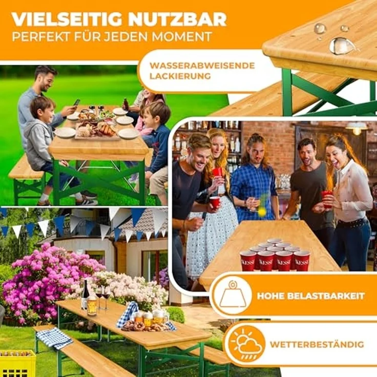 KESSER® Bierzeltgarnitur, 3-teilig, klappbar, Holz / Stahl grün, Hellbraun, 220 x 50 x 77 cm – Bild 4