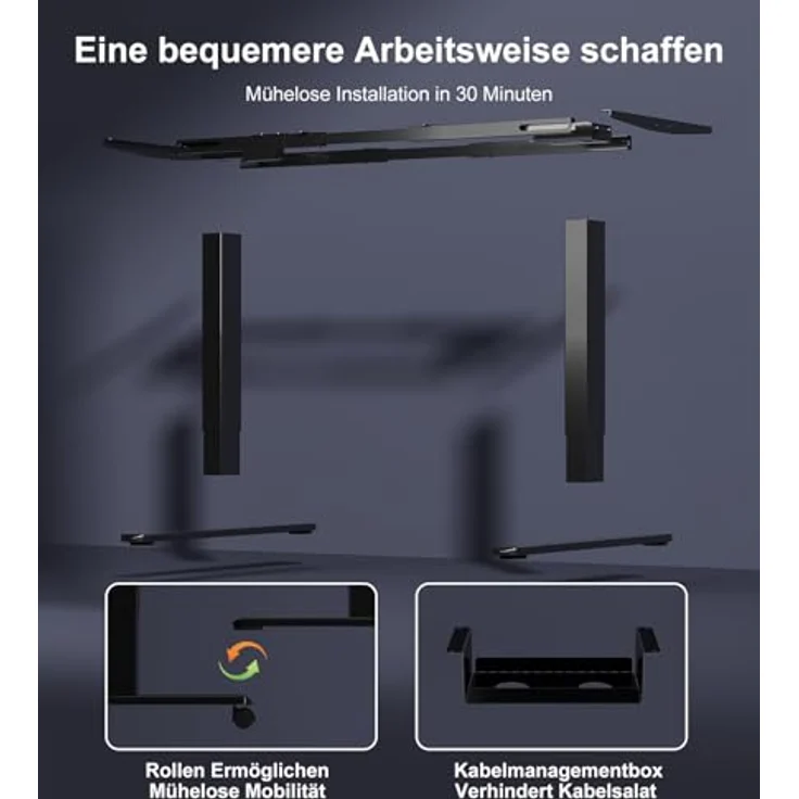 JUMMICO Höhenverstellbarer Schreibtisch Gestell mit 2 Starken Motoren, Type-C Aufladen und Kabelmanagement & Räder, 130kg Tragkraft, 4 Höhenspeicher, Elektrisch Tischgestell Höhenverstellbar, Schwarz – Bild 8