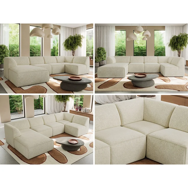 Modulares XXL-Ecksofa MODARO 5M, U-Form, Wohnlandschaft, 5-teilig, freistehend, Wohnzimmer Couch, HR-Schaumstoff - Creme Stukture - Links – Bild 2
