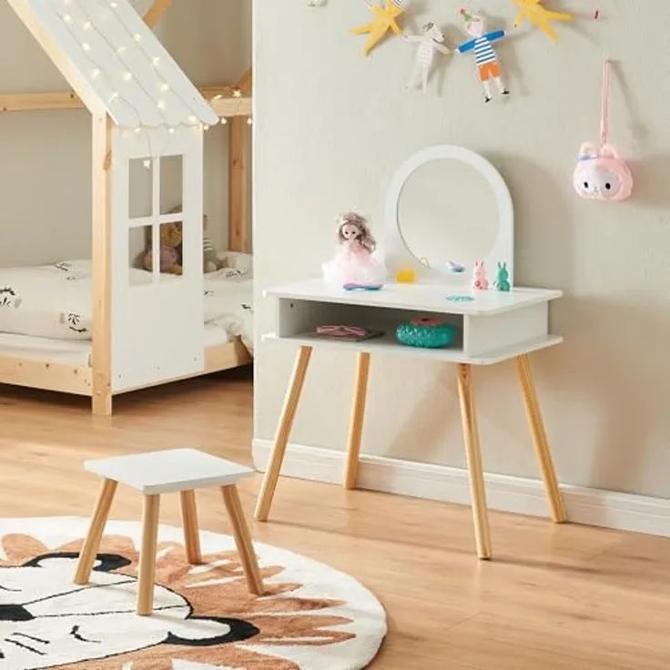 [en. casa] 'Ovanåker' Kinderschminktisch mit Hocker, Holz weiß / natur, 62 x 91,5 x 43,5 cm