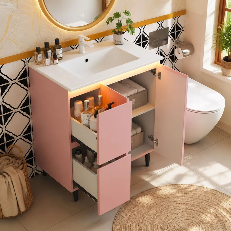 76*47*89cm, freistehender Badezimmerwaschtisch, komplett lackiert, LED-Radarsensorleuchte, Soft-Close-Scharniere, integriertes Waschbecken, hohes Fußdesign, rosa. – Bild 2