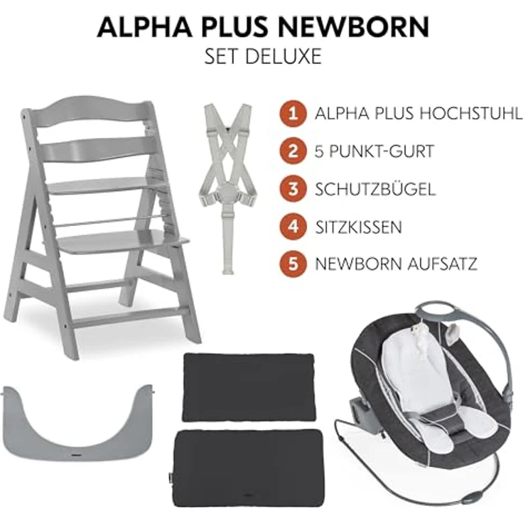 Hauck Alpha Plus Grau Newborn Set Deluxe - Baby Holz Hochstuhl ab Geburt mit Liegefunktion - inkl. Aufsatz für Neugeborene & Sitzpolster - mitwachsend, verstellbar - Grau – Bild 3