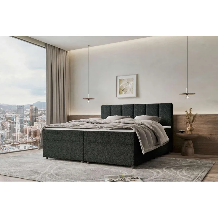 99rooms Bergamo Boxspringbett Webstoff MALMO_NEW Anthrazit 180x200 cm Schaum Topper 6 cm