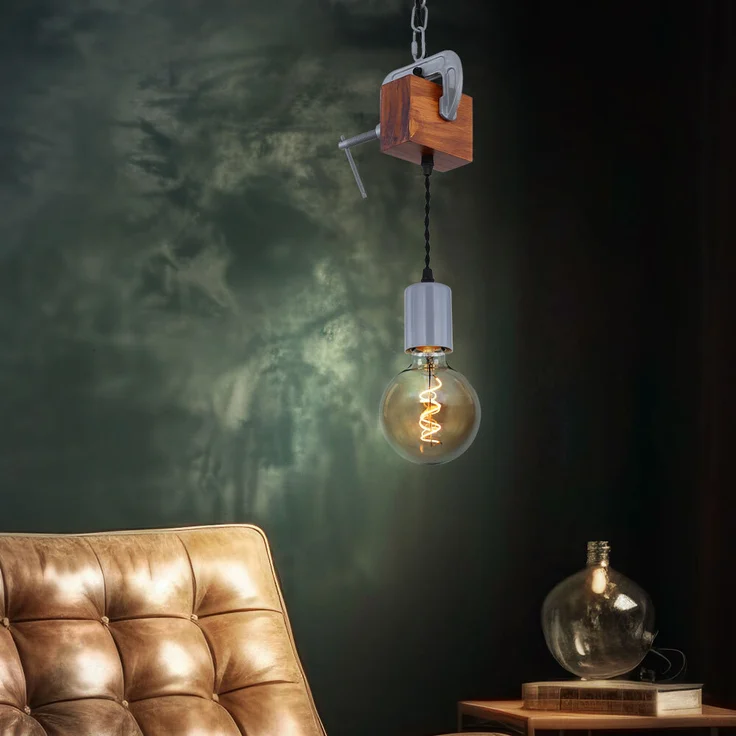 Hängeleuchte, Holz antik Metall verzinkt, Schraubzwinge, H 120cm – Bild 3