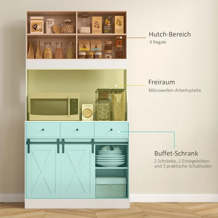 HOMCOM Küchenbuffet mit Arbeitsplatte, Schiebtüren, Schubladen, verstellbare Regale (Hochschrank, 1-St, Küchenschrank mit Regalen) für Küche Esszimmer 93,5 x 40 x 180 cm Weiß – Bild 3