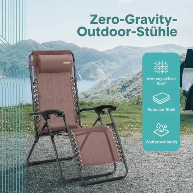 SereneLife Sonnenliege Klappbar 2er Set mit Tisch, Zero Gravity Liegestuhl Garten, bis 120 kg Braun, Verstellbar und Wetterfest, mit Getränkehalter und Kopfkissen, für Balkon Strand Camping – Bild 4