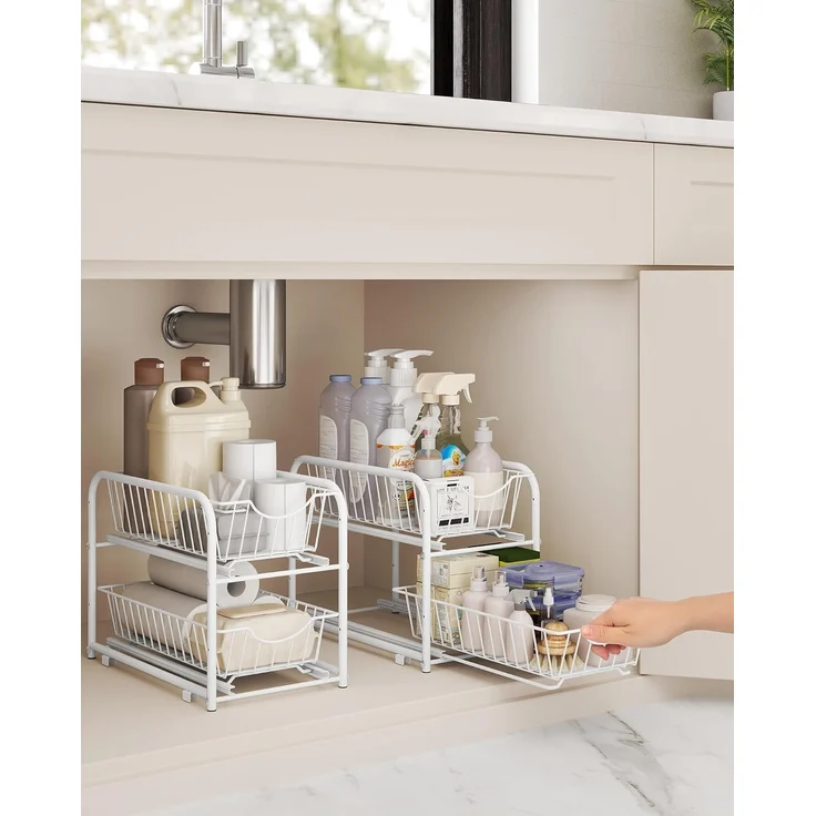 Küchen-Organizer, Küchenregal, Ordnungssystem, 2 Ebenen, stapelbar, erweiterbar, mit Metallkörben, für Küche, Badezimmer, weiß – Bild 2