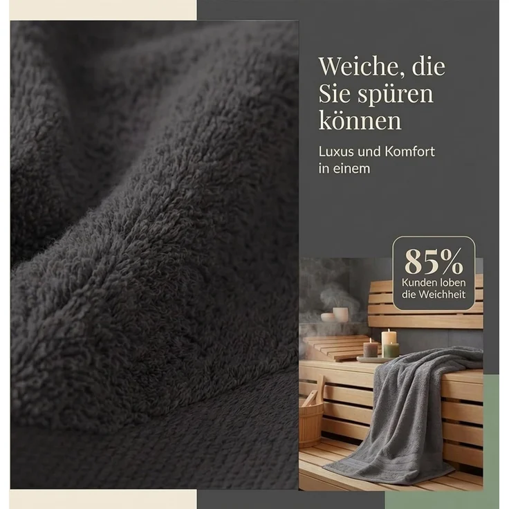 Komfortec 2er Saunatuch Set 80x200 cm aus 100% Baumwolle, XXL-Saunatücher, Sauna Handtuch, Weich, Groß, Frottee, Schnelltrocknend, Anthrazit Grau/Schwarz – Bild 5
