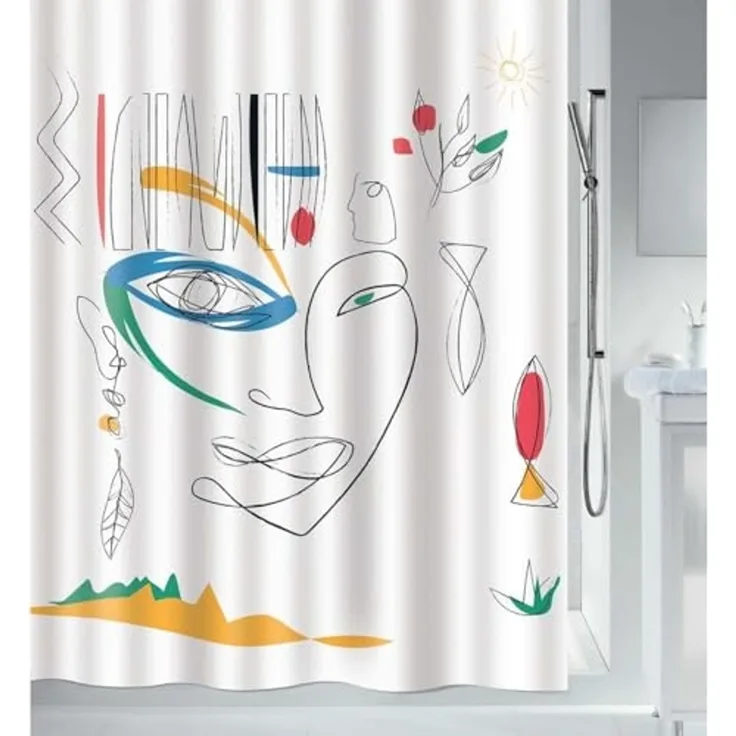 spirella Duschvorhang FACES Breite 180 cm, Premium Textil-Duschvorhang, 100% Polyester, wasserabweisend, Anti-Schimmel-Effekt, waschbar 30°, modern-abstraktes Design, Farbe weiß-bunt, Größe 180 x 200 cm