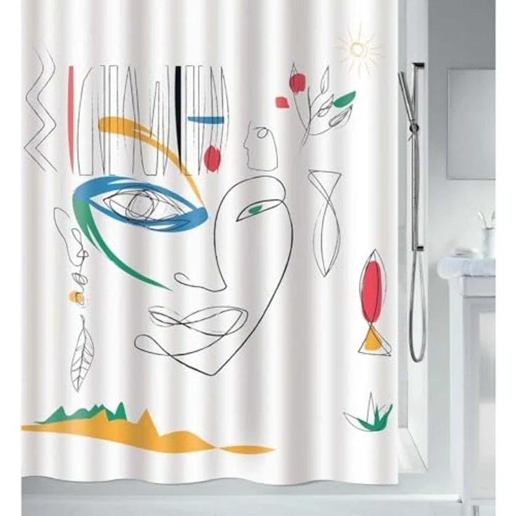 spirella Duschvorhang FACES Breite 180 cm, Premium Textil-Duschvorhang, 100% Polyester, wasserabweisend, Anti-Schimmel-Effekt, waschbar 30°, modern-abstraktes Design, Farbe weiß-bunt, Größe 180 x 200 cm – Bild 1