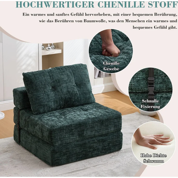 Klappsofa Bett mit Kopf- & Lendenkissen, multifunktionales Schlafsofa, 2-in-1 Faltsofa mit hochdichtem Schaumstoff,Smaragd – Bild 7
