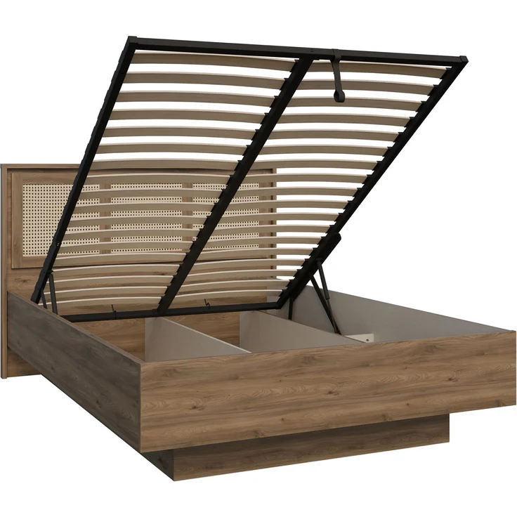 Forte GLENKEEN Bett, Liegefläche 140 x 200 cm, Bettgestell im Bohostil mit Rattangeflecht, Stauraum, Valencia Eiche Holzdekor | Naturrattan, 149,9 cm breit x 105,5 cm hoch x 204,9 cm tief – Bild 5