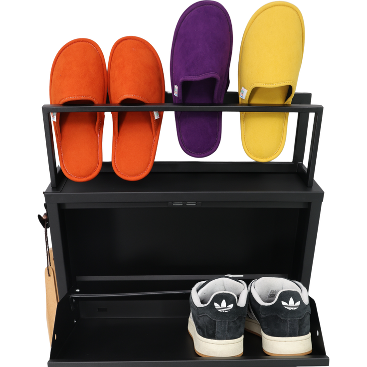 Schuhkipper mit Zubehör, Schwarz, 4 Klappen 52 x 15 x 151 cm, Pantoffelregal, Hakenleiste