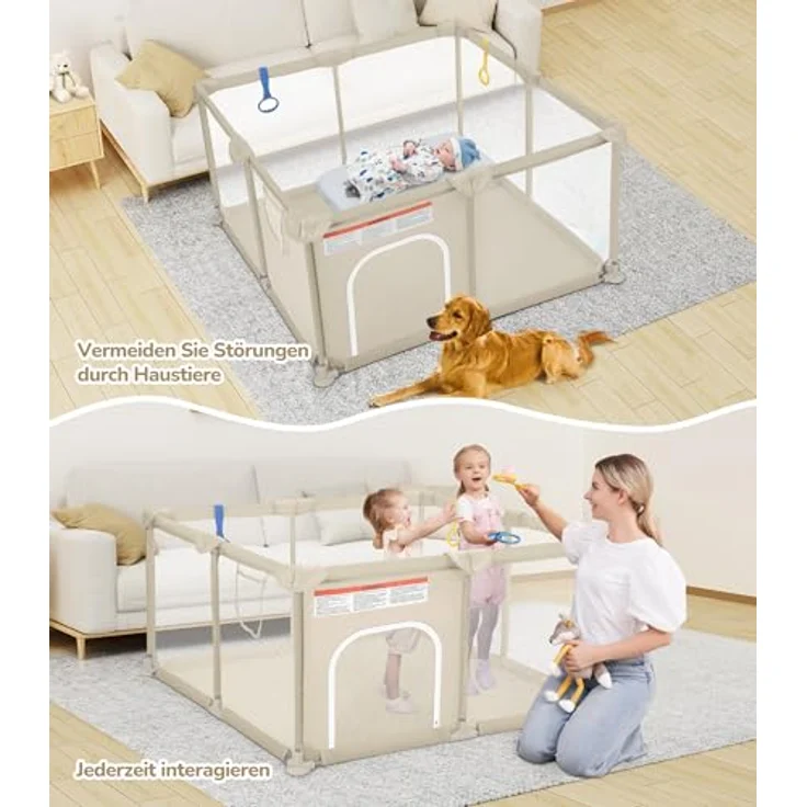 Dripex Laufstall Baby 124x124 cm, Laufgitter Baby, Laufstall mit atmungsaktivem Netz, Laufgitter 210D Oxford Gewebe, Playpen, kinderlaufstall, Braun – Bild 3
