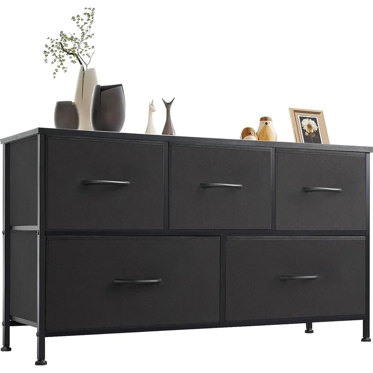 Sweetcrispy Kommode,Sideboard Wohnzimmer für Schlafzimmer mit 5 Stoffschubladen,Einstellbare Füße Schubladenschrank,Schwarz