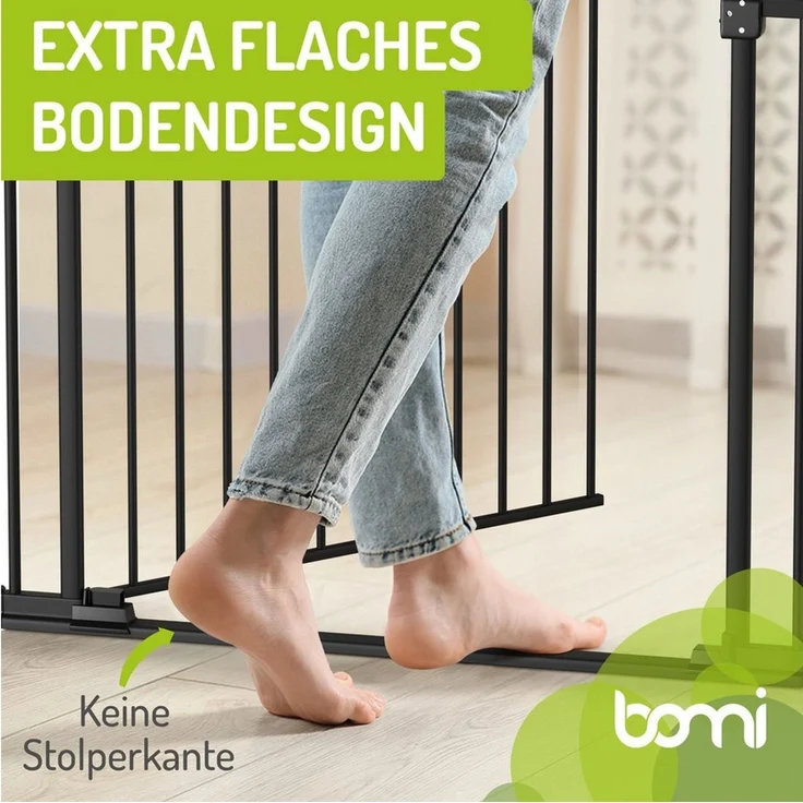 BOMI Türschutzgitter Treppenschutzgitter Merle Flatstep, Babygitter flacher Steg, 63-217 cm (verschiedene Größen, klemm- & verschraubbar), 2-Wege-Öffnung, geprüftes Kindergitter, extra breiter Durchgang – Bild 3