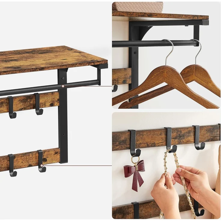Vasagle Wandgarderobe, Schuhbank, Wandregal mit Ablage und 10 Haken, Schuhregal mit 3 Ebenen, Aufbewahrung, Metallgestell, für Flur, Eingangsbereich, Industrie-Design, vintagebraun-schwarz – Bild 6