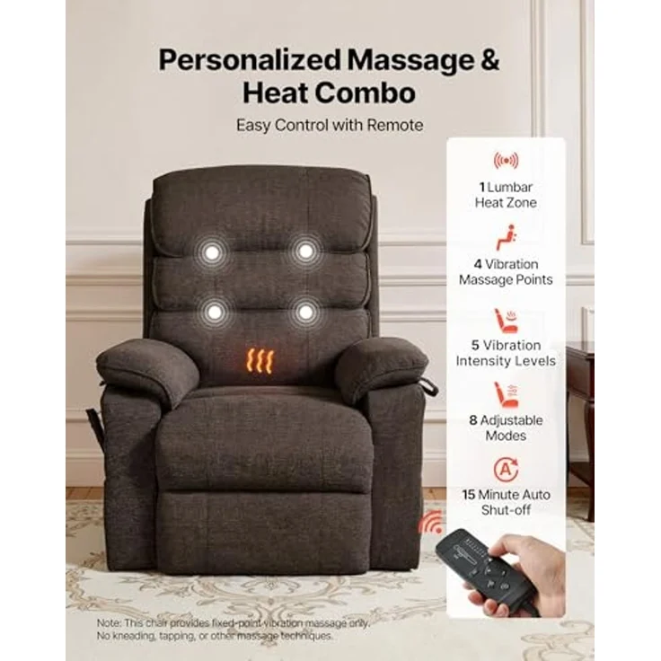 VEVOR Fernsehsessel Elektrisch, Relaxsessel mit Aufstehhilfe, Wärme- & Massagefunktion, Seniorensessel Stufenlose Verstellung, Massagesessel mit Chenille-Bezug & Fernbedienung, Braun – Bild 5