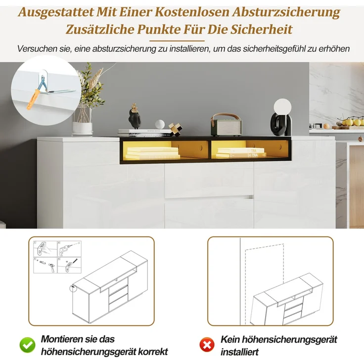 DESVIAE Sideboard mit LED-Beleuchtung und 3 Schubladen 140x68x40 cm Spanplatte Weiß/Schwarz – Bild 5