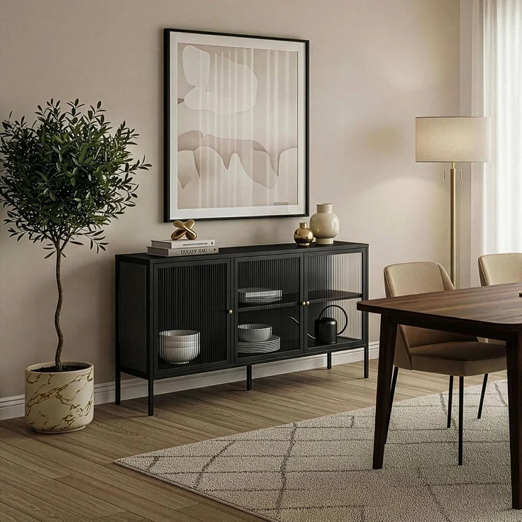 Vitrinen-Sideboard Vinterhavn Stahl 3-türig 80x150x40 cm Schwarz [en. casa] – Bild 1