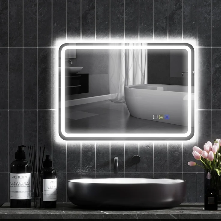 MELAYR, Badezimmerspiegel mit LED-Beleuchtung, Anti-Beschlags-Pad, 3 verstellbare Farben, 70 x 50 x 3.5 cm, Silber – Bild 4
