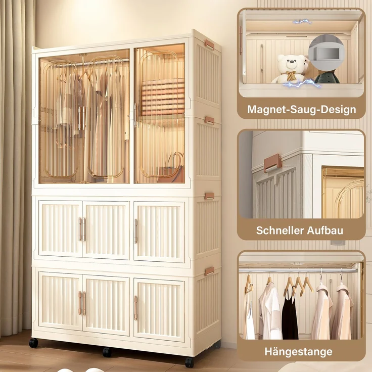 Faltbarer Kleiderschrank aus Polypropylen in Cremeweiß mit 9 Magnettüren und Rollen,H 158 x T 92 x B 45 cm – Bild 9