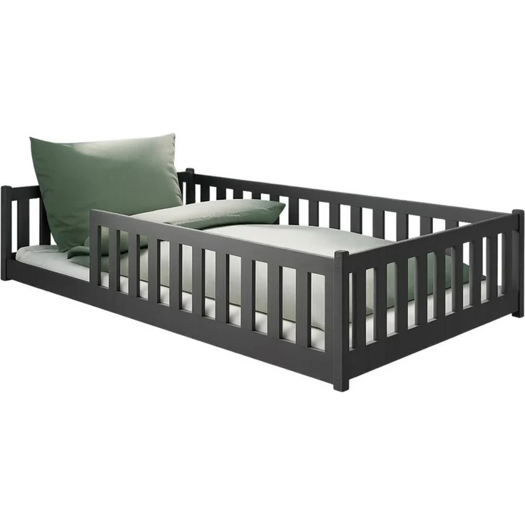 Kids Collective Kinderbett Bodenbett Bett mit Rausfallschutz & Lattenrost Montessori Bett Kinder (Jungen, Mädchen, Kinder, weitere Größen 80x160, 80x180, 90x190, 90x200, 140x200 cm), Jugendbett Einzelbett Graphit Kiefer 120x200 cm – Bild 2