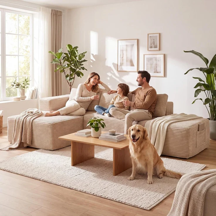 COMHOMA Ecksofa mit Schlaffunktion, 228cm Corduroy Modulares Boneless Couch mit Chaiselongue & Rücken-Metallgestell, L-Form Schlafsofa mit offenem Design, Kissen & Seitentaschen,für Wohnzimmer, Beige-R – Bild 4